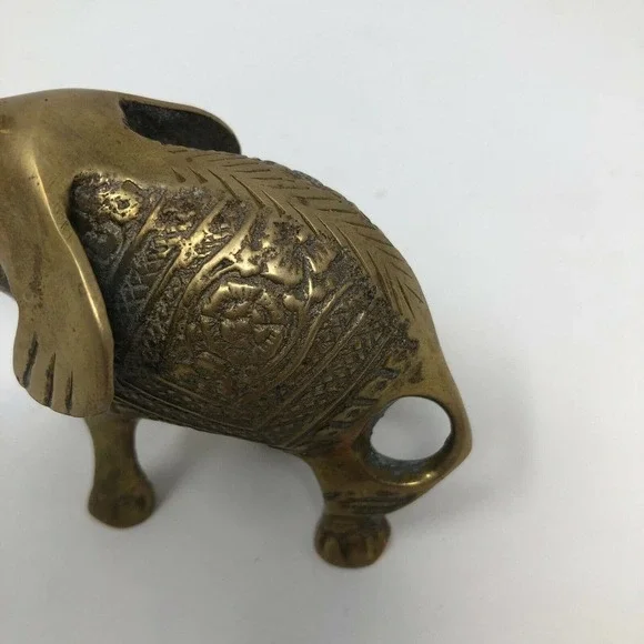 Vintage Small Solid Brass Elephant Raised Trunk Embossed Ornate MCM Figurine - Picture 8 of 11